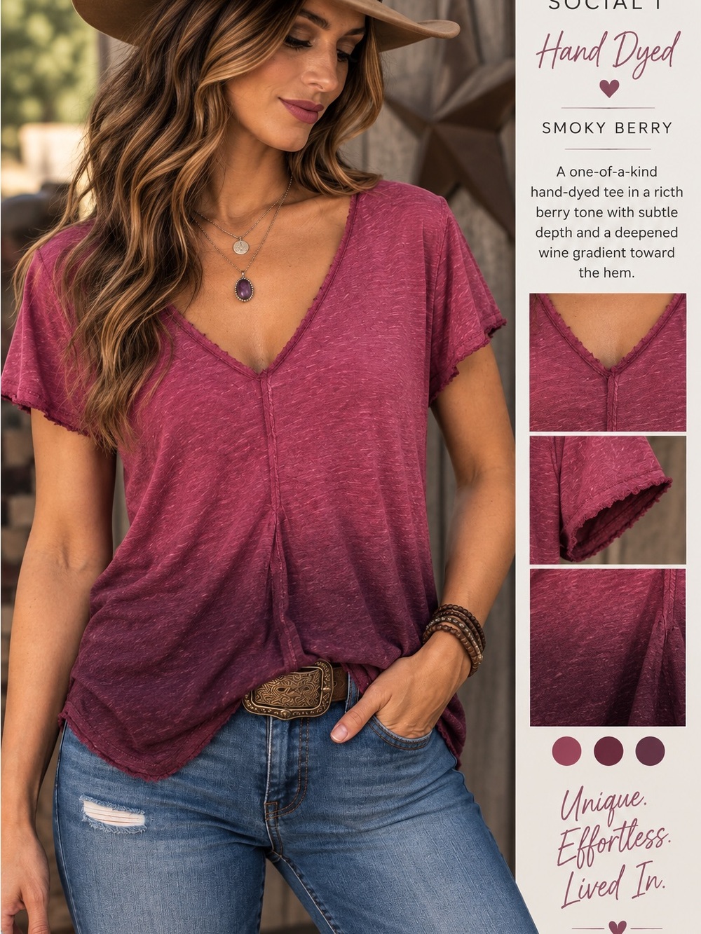 Project Social T L OOAK Hand Dyed Smoky Berry Raw Edge V Neck Tee
